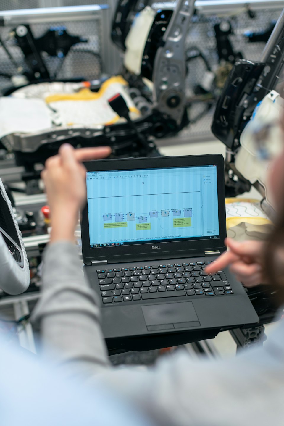 Due persone che esaminano un diagramma di flusso dati su uno schermo di laptop.
