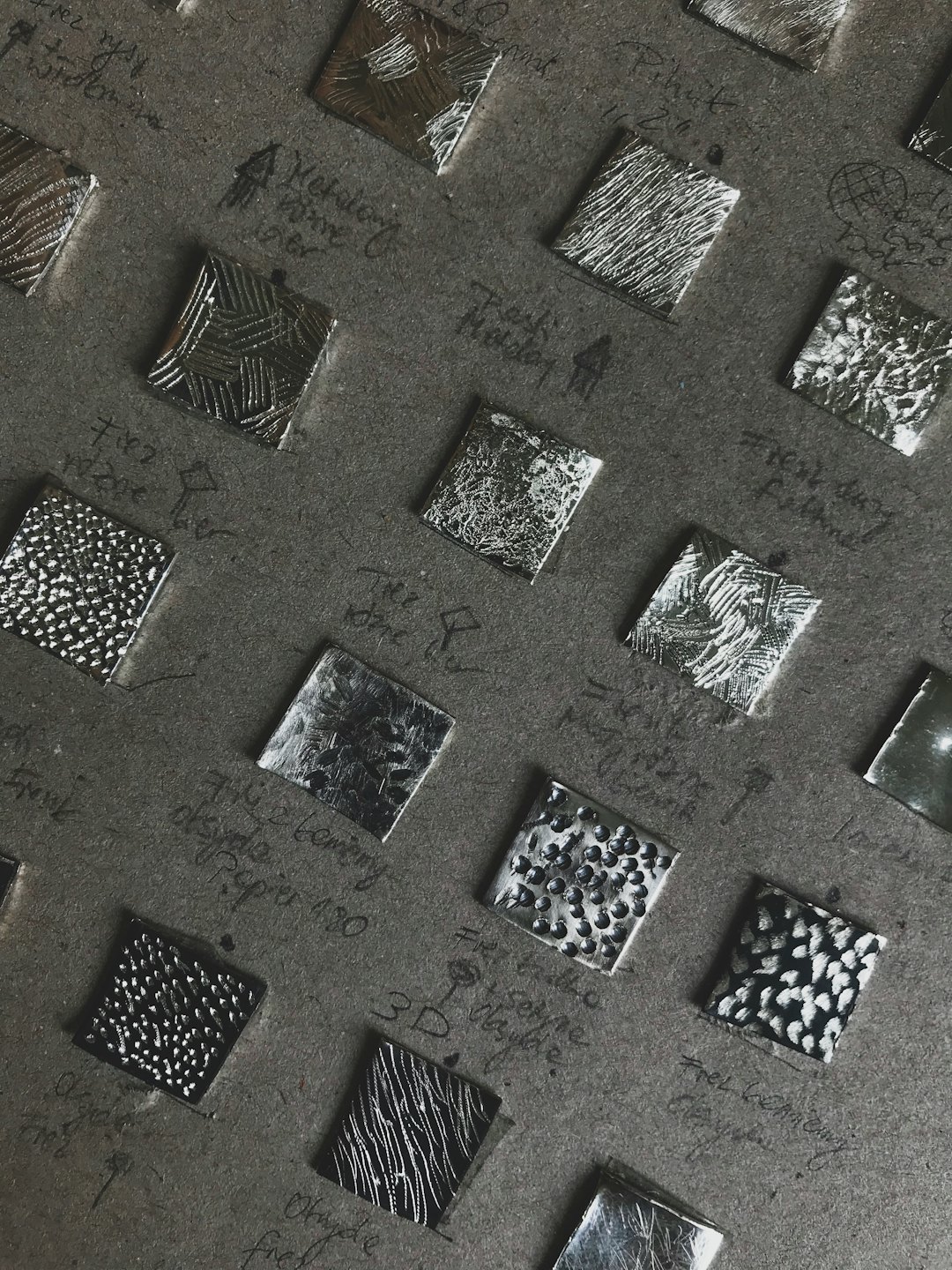 Campioni di materiale metallico disposti su carta con note di progettazione scritte a mano.